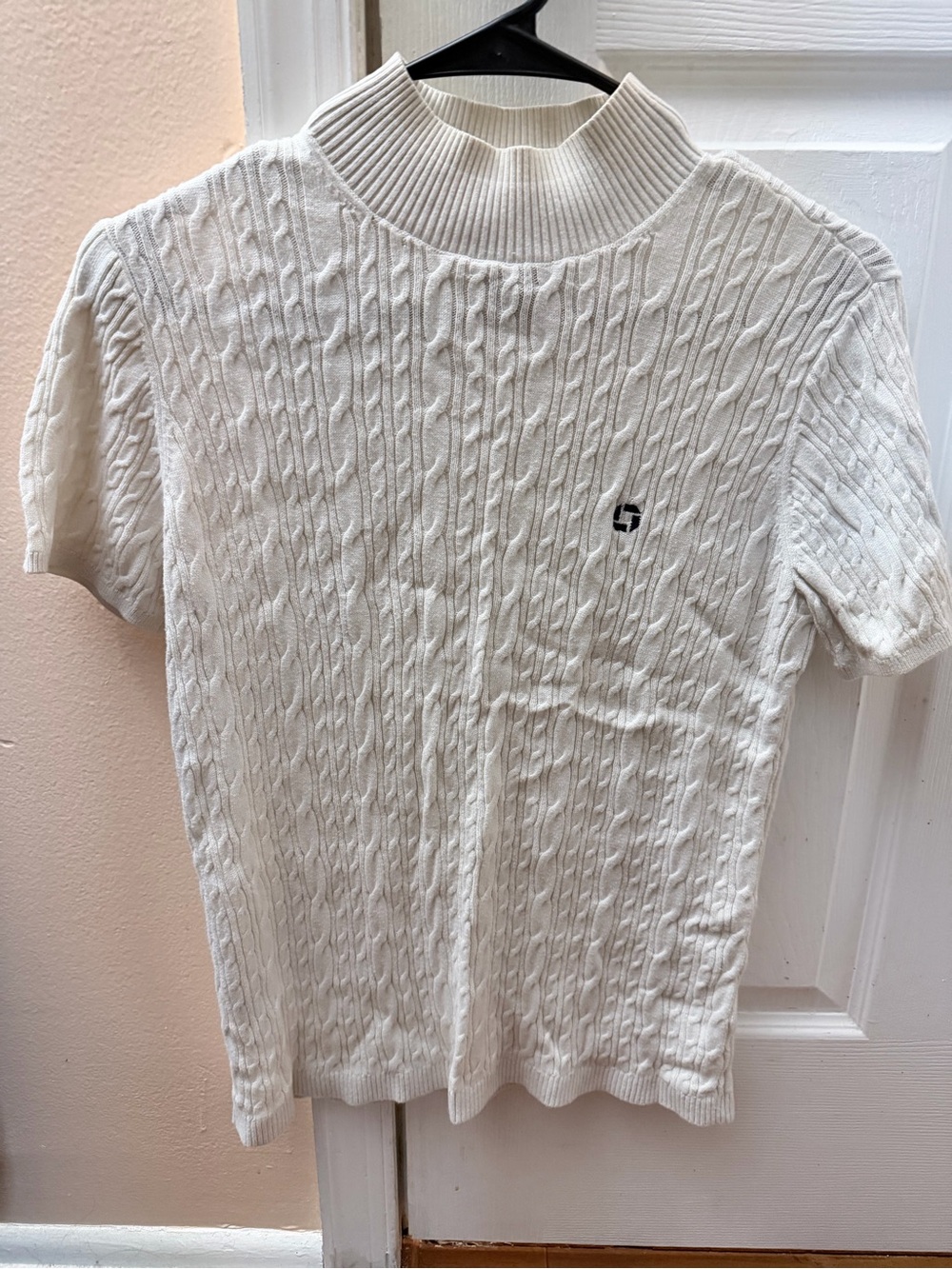 Chase Bank logo Lands' End Cream Cable-Knit Short Sleeve Mock Neck Top